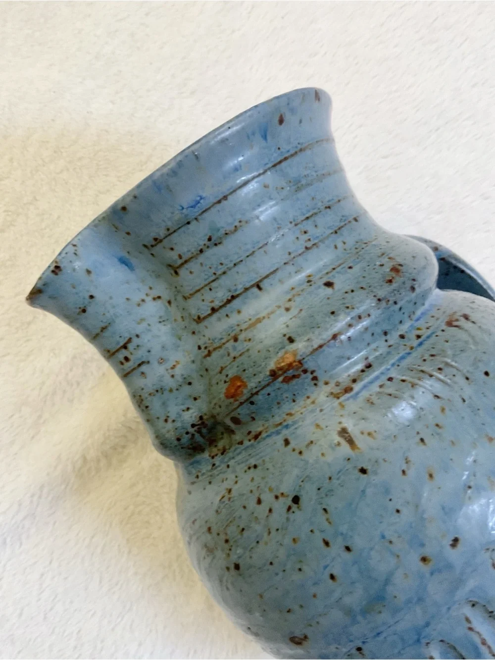 Signed Studio Art Pottery Pitcher Vase Blue Speckled Stoneware 8.25”